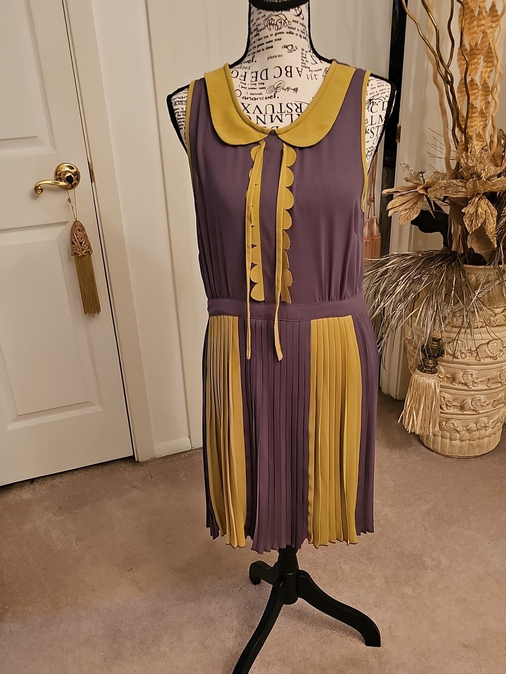 Altar'd State Purple and Mustard Pleated Peter Pan Collar Midi Dress
